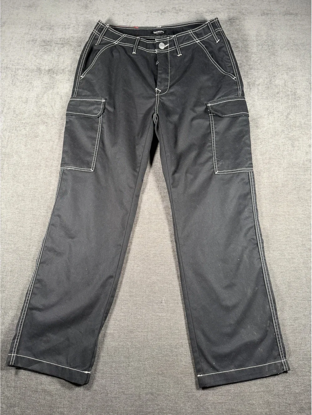 True Religion Black Cargo Pants with White Contrast Stitching Size 32